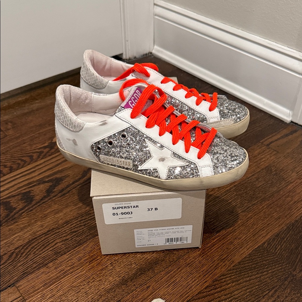 Golden Goose Silver Glitter Sneakers with Orange Laces - Picture 2 of 4